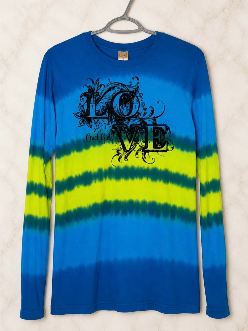 Cruel Girl Long Sleeve Graphic Tee – Size Large – Blue/Neon Tie-Dye Western Top